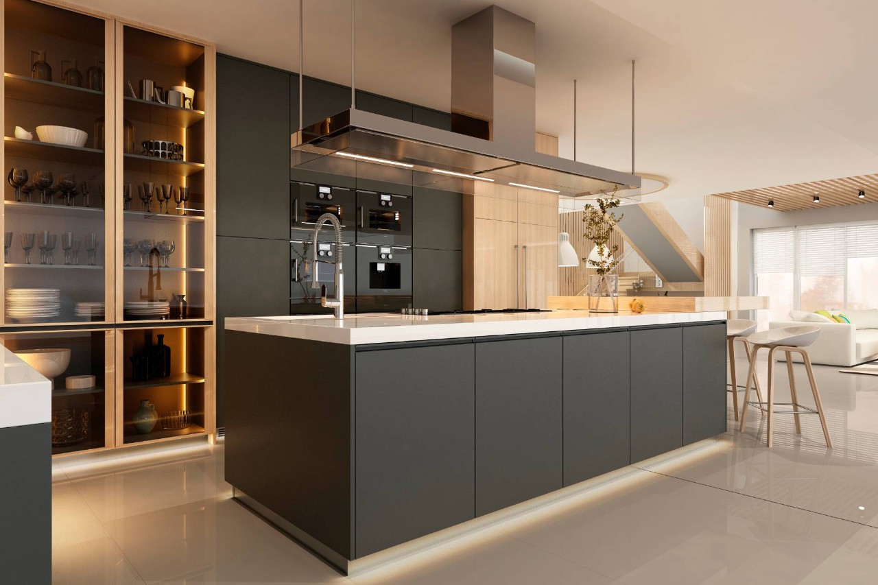 A kitchen with a modern interior design with matte black cabinets, glass shelving, and wood elements at Smart PNW near Tacoma, WA