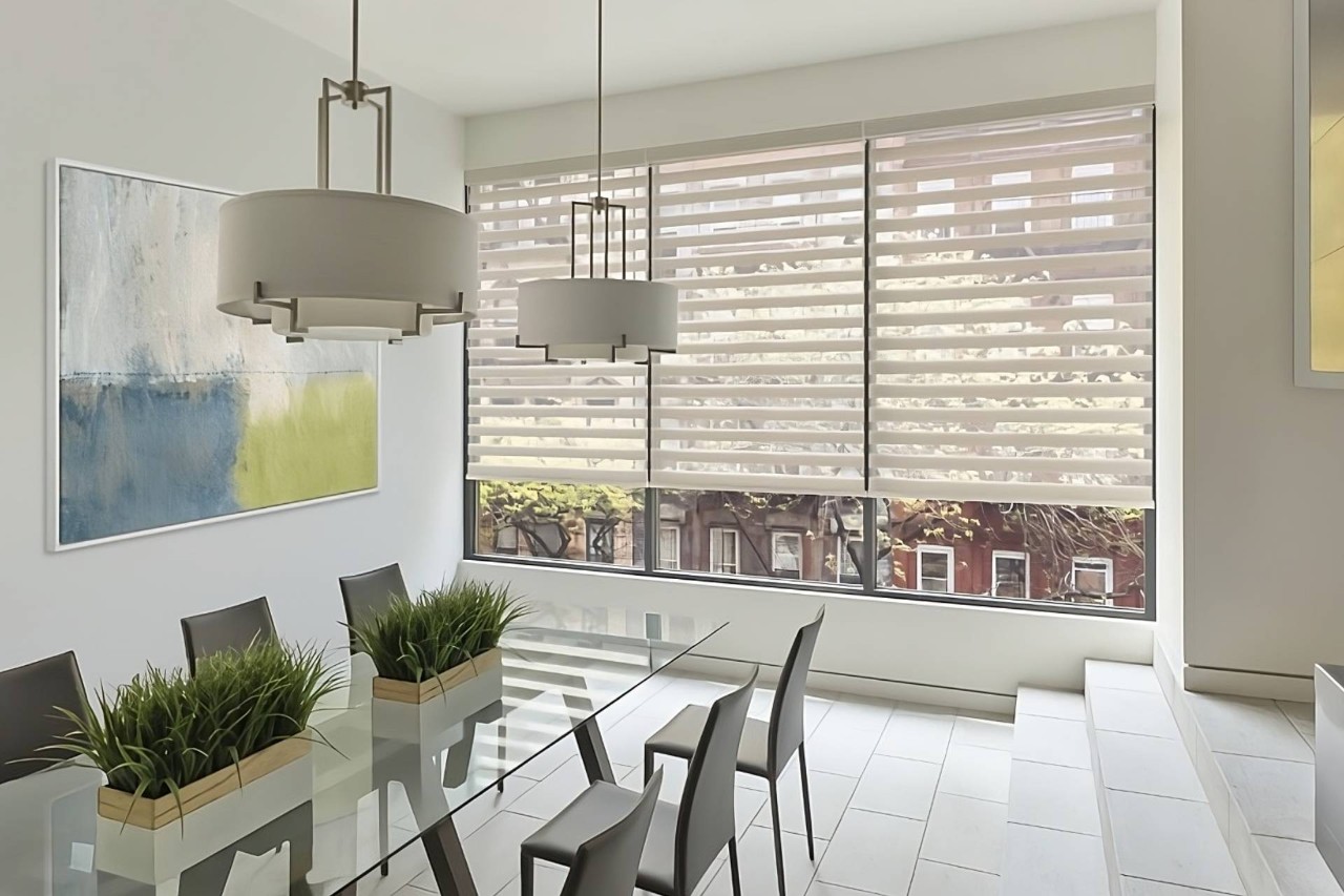 Hunter Douglas Designer Banded Shades on windows in a contemporary dining room with a neutral theme near Tacoma, WA
